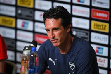 Kallang-Singapur-28 Temmuz 2018: Unai Emery Arsenal basın konferansının baş antrenörü. 2018 'den sonra Paris Saint-Germain' e karşı ulusal stadyum, Singapur