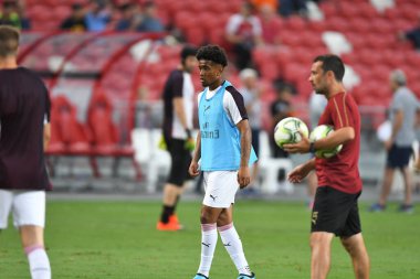 Kallang-Singapur-26 Haziran 2018: Reiss Nelson C2018 'de Arsenal ile Singapur' un başkenti Singapur 'daki Atletico de Madrid stadyumunda karşı karşıya geldi.