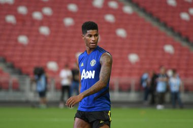 KALLANG, SINGAPORE - 19 Temmuz 2019: Marcus Rashford # 10 MANCHESTER UTD Milli Stadyum, Singapur 'da antrenman yaparken