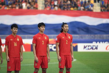 Bangkok-Tayland-18 Ocak 2020: Tayland Milli Futbol Takımı 2020 'de Tayland ile Tayland' daki Tayland Stadyumu 'nda Suudi Arabistan maçında oynayan oyuncu