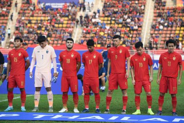 Bangkok-Tayland-18 Ocak 2020: Tayland Milli Futbol Takımı 2020 'de Tayland ile Tayland' daki Tayland Stadyumu 'nda Suudi Arabistan maçında oynayan oyuncu