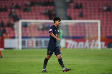 Bangkok-Tayland-9 Ocak 2020: Tayland rajamankala Stadyumu 'nda Tayland ile Bahreyn karşılaşması arasında oynanan AFC U23 şampiyonasında 16 numaralı Sorawit panthand oyuncusu