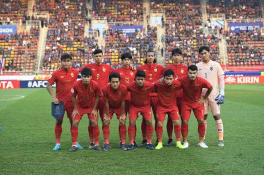 Bangkok-Tayland-18 Ocak 2020: Tayland Milli Futbol Takımı 2020 'de Tayland ile Tayland' daki Tayland Stadyumu 'nda Suudi Arabistan maçında oynayan oyuncu