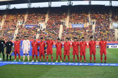 Bangkok-Tayland-18 Ocak 2020: Tayland Milli Futbol Takımı 2020 'de Tayland ile Tayland' daki Tayland Stadyumu 'nda Suudi Arabistan maçında oynayan oyuncu