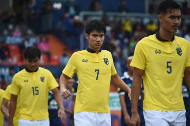 Bangkok-Tayland-18 Ocak 2020: Sorrawit panthong Tayland futbolcusu 2020 yılında Tayland ile Tayland 'daki Tayland Stadyumu' nda Suudi Arabistan maçında mücadele etti.