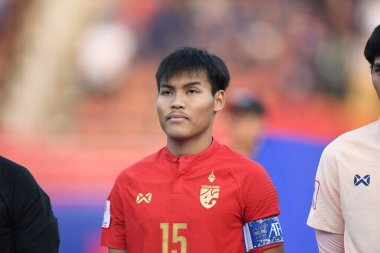 Bangkok-Tayland-18 Ocak 2020: Saringkarn Promsupa Tayland Futbol Şampiyonası 2020 'de Tayland ile Tayland' daki Tayland Stadyumu 'nda Suudi Arabistan maçında mücadele etti.