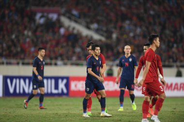 Hanoi-Vietnam-18 Kasım 2019: Sarach yooyen Tayland 'ın Sarach yooyen Oyuncusu Fifa Dünya Kupası 2022' den önceki resmi eğitim sırasında Vietnam 'a karşı benim dinh stadyumumda