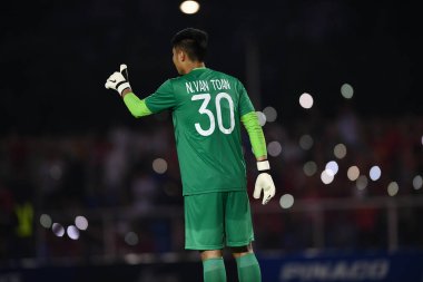 Laguna-Philippine-5 Aralık 2019: Nguyen Van Toan # 30 Vietnamlı futbolcu SEAGAMES 2019 sırasında Vietnam 'a karşı binan futbol stadyumu, Filipinler