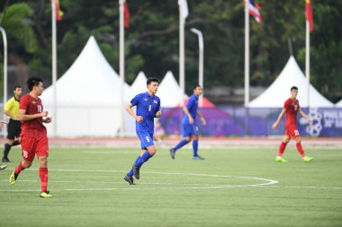 Laguna-Philippine-5 Aralık 2019: Supachai, Tayland Futbol Stadyumu, Filipin 'de Vietnam' a karşı SEAGAMES 2019 sırasında Tayland 'ın 9 numaralı oyuncusu olarak görev yaptı.