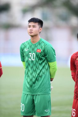 Laguna-Philippine-5 Aralık 2019: Van Toan NGUYEN # 30 Vietnamlı futbolcu SEAGAMES 2019 sırasında Vietnam 'a karşı binan futbol stadyumu, Filipinler