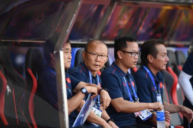 Laguna-Philippine-5 Aralık 2019: SEAGAMES 2019 sırasında Vietnam ile Vietnam arasında oynanan ikili futbol stadyumu Philippine 'de Park Hang-seo