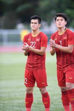 Bangkok-Tayland-16 Ocak 2020: Nguyen tien linh # 22 Vietnamlı oyuncu AFC U23 Şampiyonası 2020 'de rajamankala Stadyumu' nda DPR Korea 'ya karşı savaşıyor.