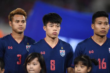 Hanoi-Vietnam-19 Kasım 2019: Eakkanit Panya Tayland Oyuncusu Fifa Dünya Kupası Katarı 2022 'de Vietnam' a karşı benim dinh stadyumumda
