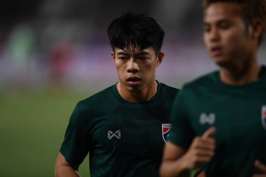 Hanoi-Vietnam-19 Kasım 2019: Eakkanit Panya Tayland Oyuncusu Fifa Dünya Kupası Katarı 2022 'de Vietnam' a karşı benim dinh stadyumumda