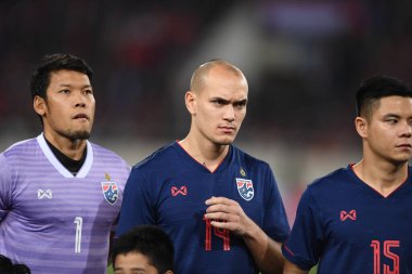 Hanoi-Vietnam-19 Kasım 2019: Manuel Tom Bihr Tayland futbolcusu Fifa Dünya Kupası Katarı 2022 'de Vietnam' a karşı benim dinh stadyumumda