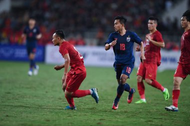 Hanoi-Vietnam-19 Kasım 2019: Chanathip şarkı sözü yazarı Tayland 'da Fifa Dünya Kupası Katarı 2022' de Vietnam 'a karşı benim dinh stadyumumda