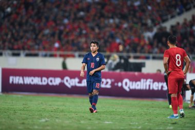 Hanoi-Vietnam-19 Kasım 2019: Chanathip şarkı sözü yazarı Tayland 'da Fifa Dünya Kupası Katarı 2022' de Vietnam 'a karşı benim dinh stadyumumda