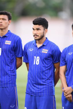 Laguna-Philippine-5 Aralık 2019: Kritsada kaman # 18 Tayland futbolcusu SEAGAMES 2019 sırasında Vietnam 'a karşı binan futbol stadyumu, Filipinler