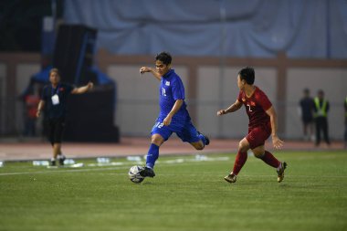 Laguna-Filipin-5 Aralık 2019: Tayland Futbol Stadyumu, Filipin 'de Vietnam' a karşı SEAGAMES 2019 sırasında Tayland 'ın 12 numaralı oyuncusu