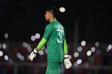 Laguna-Philippine-5 Aralık 2019: Nguyen Van Toan # 30 Vietnamlı futbolcu SEAGAMES 2019 sırasında Vietnam 'a karşı binan futbol stadyumu, Filipinler