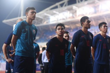Hanoi-Vietnam-19 Kasım 2019: Chanathip şarkı sözü yazarı Tayland 'da Fifa Dünya Kupası Katarı 2022' de Vietnam 'a karşı benim dinh stadyumumda