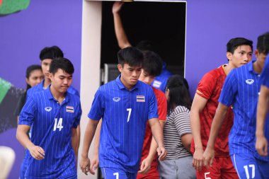Laguna-Philippine-5 Aralık 2019: Wisarut imura # 7 Tayland futbolcusu SEAGAMES 2019 sırasında Vietnam 'a karşı binan futbol stadyumu, Filipinler