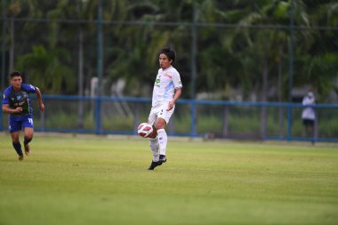 Bangkok, Tayland-11 Eylül 2021: LADkrabang 54 Stadyumu, Tayland Lumkrabang 54 Stadyumu 'ndaki lumphun savaşçısına karşı 2021 yılındaki gümrük baskını sırasında Lumphun savaşçısı