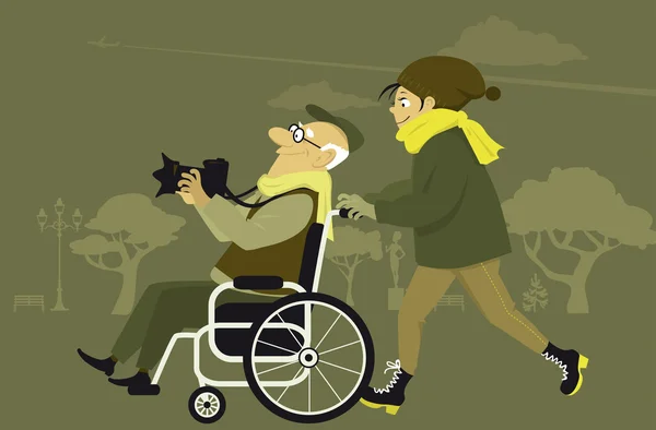 Caminar por el parque con una persona discapacitada — Vector de stock