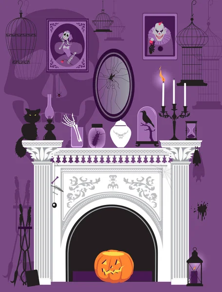 Intérieur Victorien Avec Cheminée Décorée Objets Portraits Effrayants Effrayants Illustration — Image vectorielle