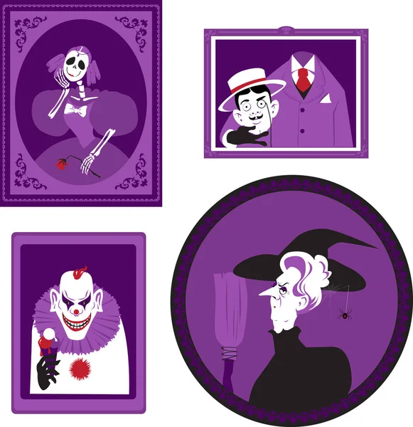 Divertido Espeluznante Halloween Tema Familia Retratos Bruja Payaso Miedo Esqueleto — Vector de stock