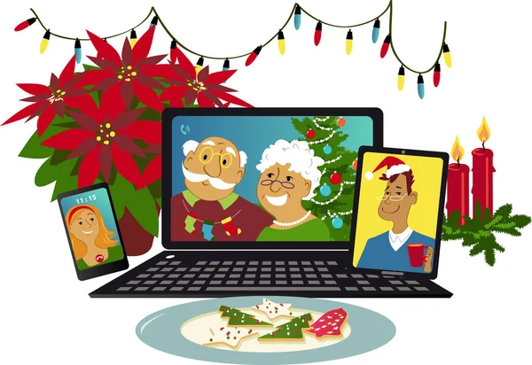 異なるガジェットからのビデオチャットを介して通信家族とオンラインクリスマスのお祝い Eps 8ベクトルイラスト — ストックベクタ