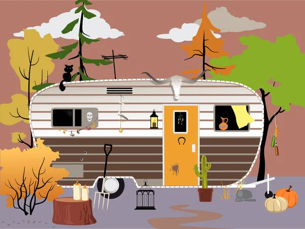 Remorque Camping Car Dans Les Bois Automne Avec Des Décorations — Image vectorielle