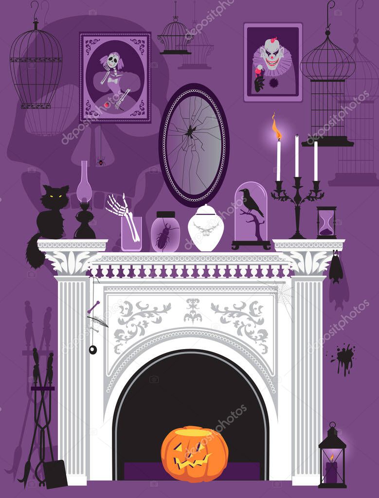 Victorian interior with a fireplace decorated with spooky and creepy objects and portraits, EPS 8 vector illustration