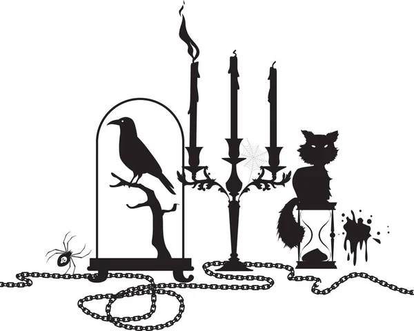 Projeto Cabeçalho Tema Halloween Com Gato Preto Velas Taxidermia Velas — Vetor de Stock