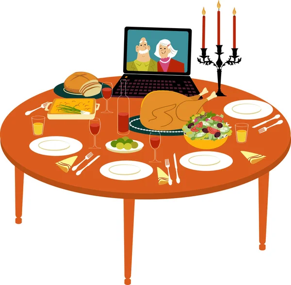 Dîner Dinde Vacances Sur Table Avec Ordinateur Portable Streaming Vidéo — Image vectorielle