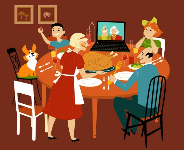 Familie Beim Truthahnessen Mit Den Großeltern Die Videochat Computer Teilnehmen Vektorgrafiken
