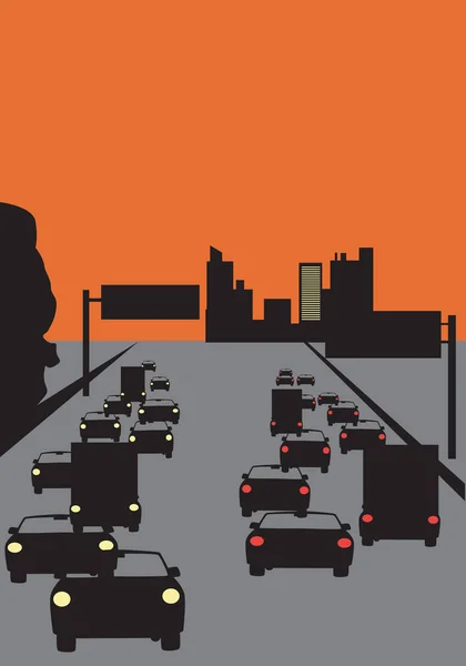 夕暮れ時に街を出入りする通勤車と高速道路交通 Eps 8ベクトルイラスト — ストックベクタ