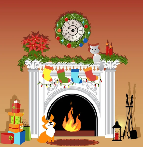 휴일을 Lit Fireplace Winter Holiday Cat Dog Pile Presents Eps — 스톡 벡터