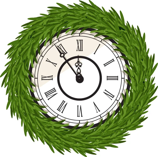 Vintage Clock Decorated Christmas Wreath Ornaments Custom Pine Tree Brush — Stock Vector