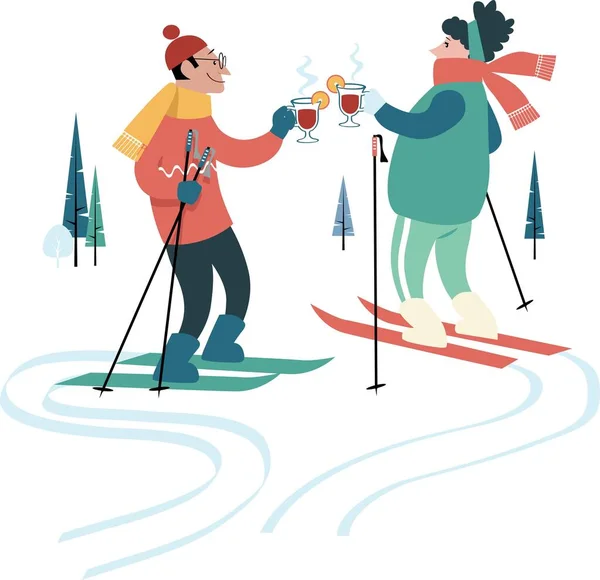 Mann Und Frau Trinken Winter Beim Skifahren Glühwein Eps Vektor lizenzfreie Stockillustrationen