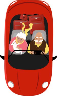 Elderly couple driving a convertible car with their pet and luggage, view from top, EPS 8 vector illustration clipart