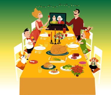 Aile, bilgisayardaki görüntülü sohbete katılan büyükanne ve büyükbabasıyla tatil yemeği yiyor, EPS 8 vektör çizimi