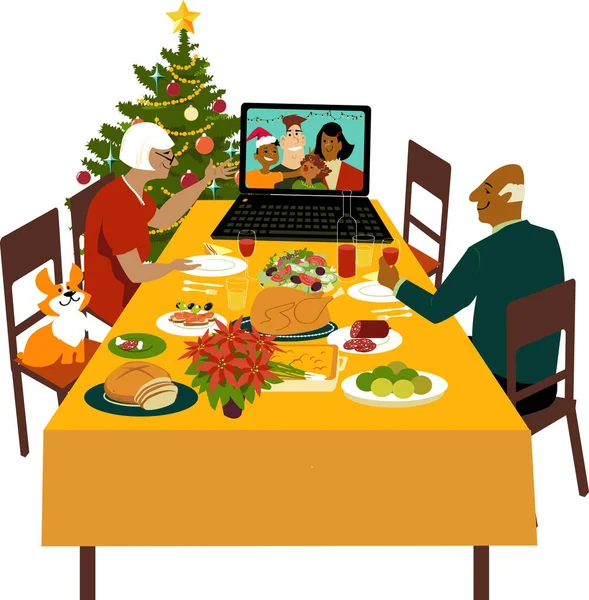 Senior Couple Celebrating Christmas Children Grandchildren Joining Them Video Chat — Stock Vector