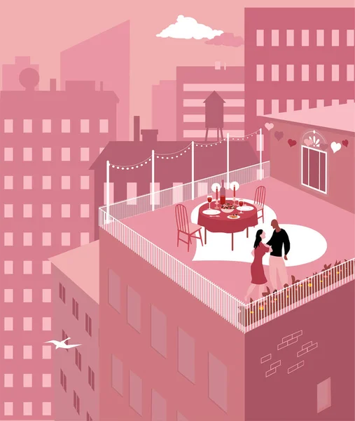 Pareja Teniendo Una Cena Romántica San Valentín Una Terraza Azotea — Vector de stock