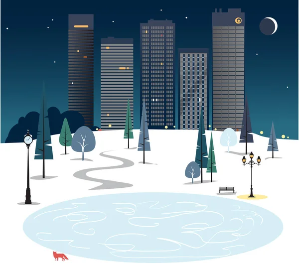 Кольцо Городском Парке Ночью Городским Горизонтом Лисой Векторная Иллюстрация Eps — стоковый вектор