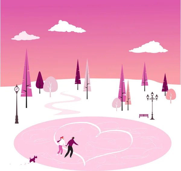 Couple Patinant Dans Parc Jour Saint Valentin Illustration Vectorielle Eps — Image vectorielle