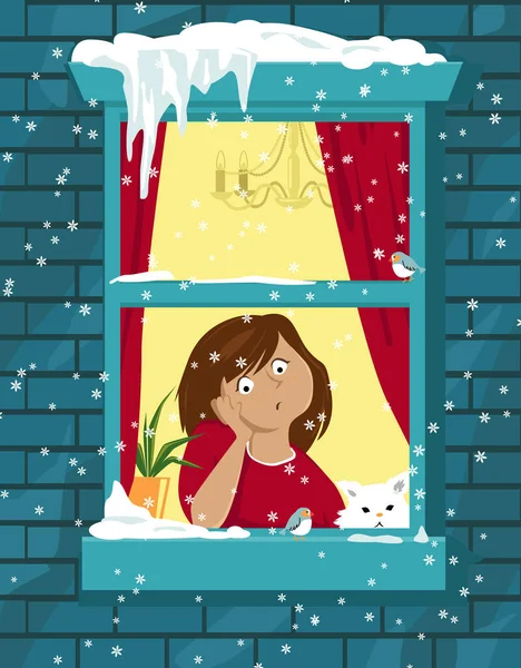 在多雪的冬日里 坐在家里望着窗外的可怜的无聊女孩 Eps 8病媒图解 — 图库矢量图片