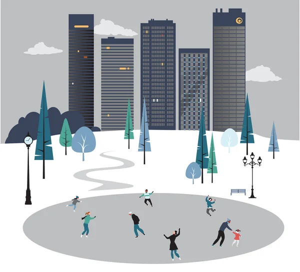 Люди Катаються Ковзанах Міському Парку Похмурий Зимовий День Eps Векторні — стоковий вектор
