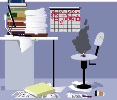 Ofisteki boş işkolik çalışma istasyonu, işyerindeki tükenmişliğin metaforu olarak sandalyede yanmış nokta, EPS 8 vektör illüstrasyonu