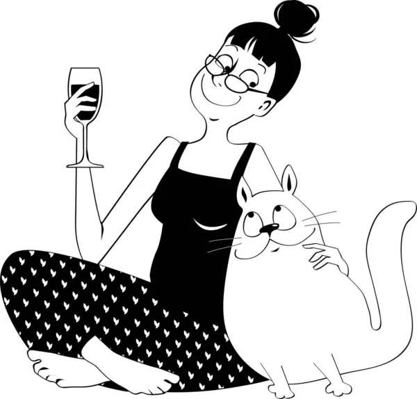 Szemüvegben Pizsamában Bort Iszik Otthon Szerető Macskájának Társaságában Eps Vektor — Stock Vector